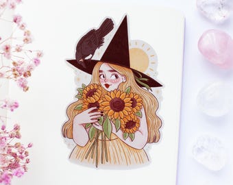 Sunflower Witch And Crow Waterproof Matt Vinyl Sticker | Journal Sticker, Planner, Witchy Sticker, Magical, Witchy, Summer