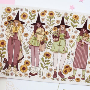 Zonnebloemheksen briefkaart A6 | Wenskaart, plakboek, penvriendje, briefpapier, briefkaart, heksenbriefkaart, magisch, heks, herfst