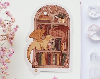 Books And Dragons Sticker | Journal Sticker, Planner Sticker, Scrapbook Sticker, Witchy Sticker, Magical, Autumn, Winter, Cats, Books