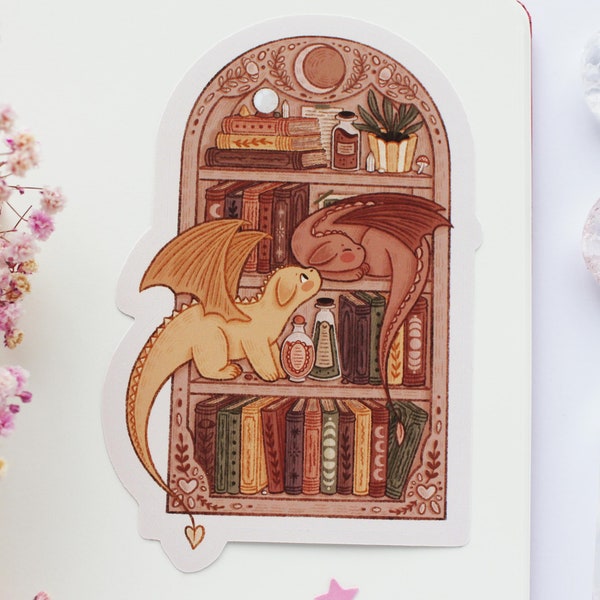 Books And Dragons Sticker | Journal Sticker, Planner Sticker, Scrapbook Sticker, Witchy Sticker, Magical, Autumn, Winter, Cats, Books