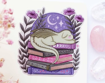 Dragon And Books With Purple Flowers Waterproof Matt Vinyl Sticker | Journal Sticker, Planner, Witchy Sticker, Magical, Witchy, Celestial