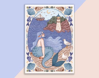 Mermaid Looking At A Lighthouse Print | Poster, Wall Decor, Artwork, Witch Poster, Witchy Illustration, Magical, Books