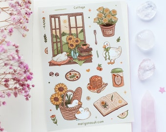 Cottage Matt Vinyl Sticker Sheet | Journal Stickers, Scrapbook Sticker, Planner Stickers, Summer, Cottagecore, Sunflowers