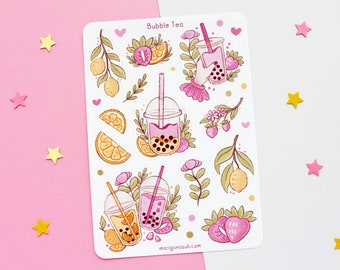 Bubble Tea Sticker Sheet | Journal Stickers, Scrapbook Sticker, Planner Stickers, Spring, Lemon, Strawberry,  Plants, Fruit, Summer