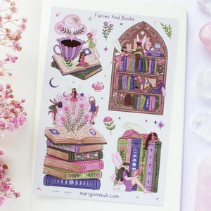 Fairies And Books Matt Vinyl Waterproof Sticker Sheet | Journal Stickers, Scrapbook, Planner, Witchy, Magical, Fairy Tale