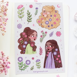 Feuille d'autocollants en vinyle mat Flower Girls | Stickers pour carnet de voyage, Sticker scrapbooking, Stickers agenda, Witchy, Printemps, Fleurs, Floral, Plantes