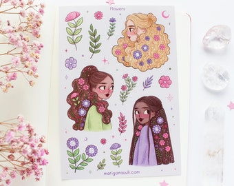 Flower Girls Matt Vinyl Sticker Sheet | Journal Stickers, Scrapbook Sticker, Planner Stickers, Witchy, Spring, Flowers, Floral, Plants