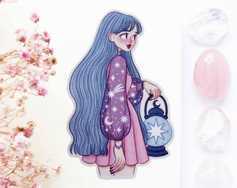 Starry Night Girl Waterproof Matt Vinyl Sticker | Journal Sticker, Planner, Witchy Sticker, Magical, Witchy, Celestial