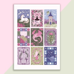 Peut inclure: Une impression présentant neuf illustrations fantaisistes. Les images incluent une licorne, un chapeau de sorcière, une tour, un dragon, un livre, des épées, une fée et des motifs célestes. La palette de couleurs est douce, avec des roses, des violets et des verts.