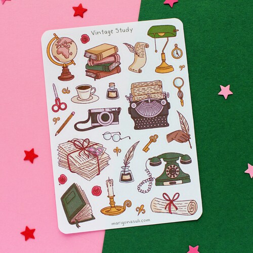 Vintage Study Sticker Sheet | Bullet Journal Stickers, Scrapbook Stickers, Planner Stickers, Vintage Stickers, Writing, Reading, Studying