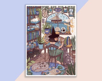 Sea Witch At Her Desk Print | Poster, Wall Decor, Artwork, Witch Poster, Witchy Illustration, Magical, Books