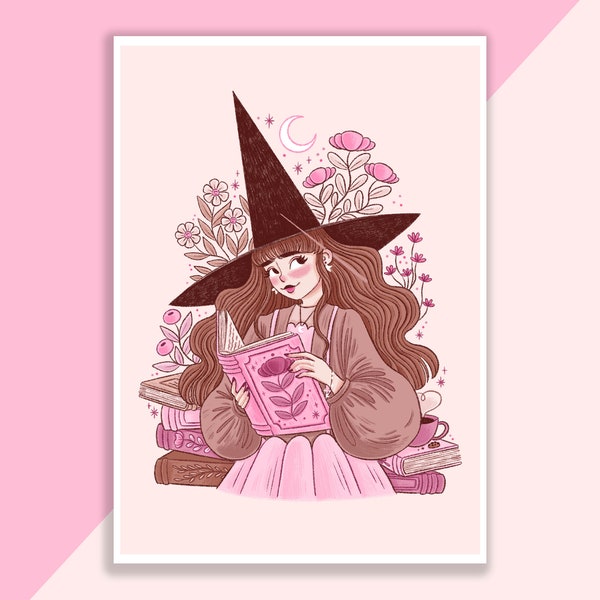 Book Witch Art Print | Poster, Wall Decor, Artwork, Witch Poster, Witchy Illustration, Spooky, Magical, Bookish