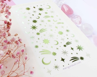 Moon And Stars Green Foil Washi Paper Sticker Sheet | Journal Stickers, Scrapbook Sticker, Planner, Witchy, Witch, Celestial