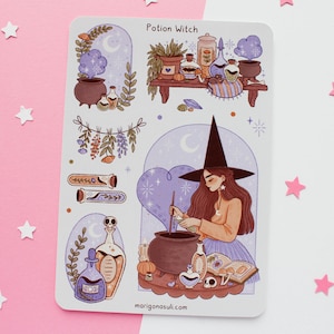 Feuille d'autocollants de sorcière de potion | Stickers pour carnet de notes, autocollant de scrapbooking, autocollants d'agenda, magiques, sorcières, fantasmagorie, Halloween, automne, automne