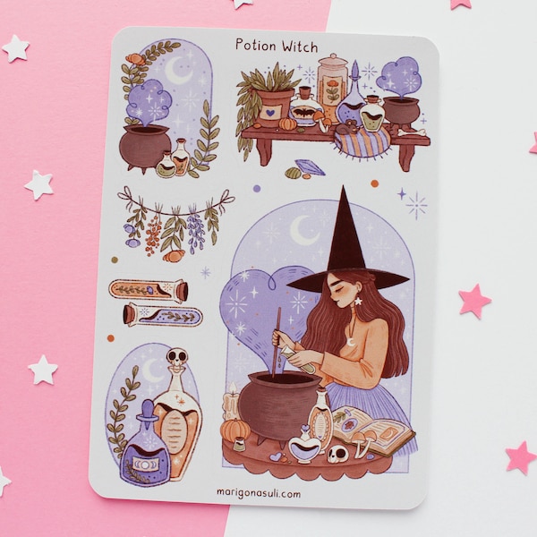 Potion Witch Sticker Sheet | Journal Stickers, Scrapbook Sticker, Planner Stickers, Magical, Witchy, Spooky, Halloween, Autumn, Fall