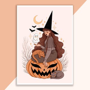 Hexe auf einem Kürbis Druck | Poster, Wanddekor, Kunstwerk, Hexenposter, Witchy Illustration, Herbst, Magisch, Halloween