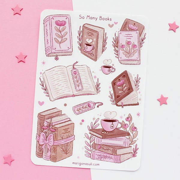 So Many Books Brown/Pink Sticker Sheet | Journal Stickers, Scrapbook Sticker, Planner Stickers, Reading, Bookish, Magical