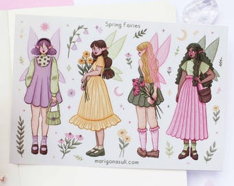 Spring Fairies Matt Vinyl Waterproof Sticker Sheet | Journal Stickers, Scrapbook, Planner, Witchy, Magical, Fairy Tale, Celestial