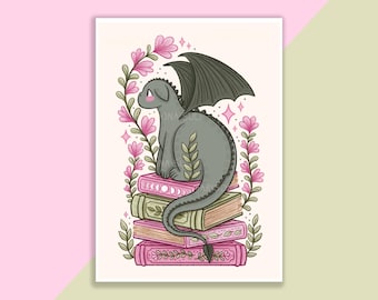 Dragon And Books With Pink Flowers Print | Poster, Wall Decor, Artwork, Witch Poster, Witchy Illustration, Magical, Fairy Tale