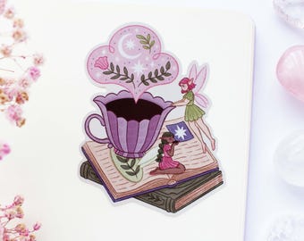 Fairies Enjoying Tea Waterproof Matt Vinyl Sticker | Journal Sticker, Planner, Witchy Sticker, Magical, Witchy, Fairy Tale