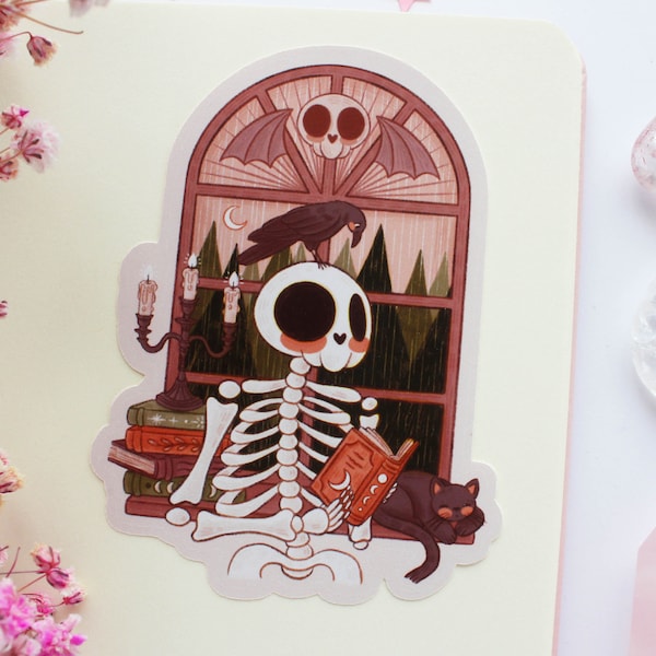 Skully (The Book Loving Skeleton) Reading Sticker | Journal Sticker, Planner Sticker, Scrapbook Sticker, Witchy Sticker, Magical, Halloween