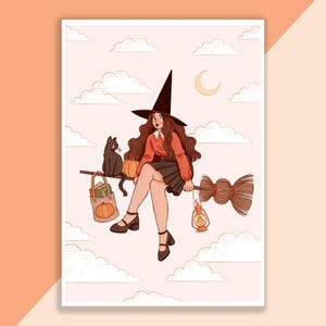 Stampa/Poster di strega su una scopa, decorazione da parete, opera d'arte, poster di strega, illustrazione di strega, autunno, magico, Halloween