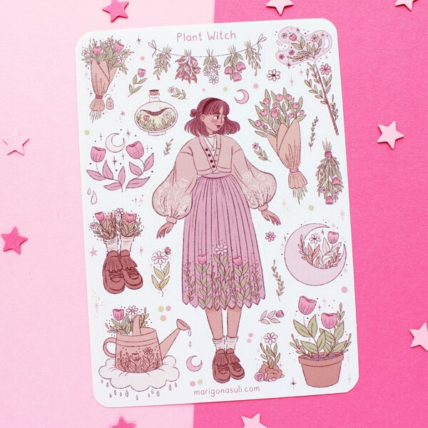 Plant Witch Sticker Sheet | Journal Stickers, Scrapbook Sticker, Planner Stickers, Witchy Sticker Sheet, Magical, Plants, Cute