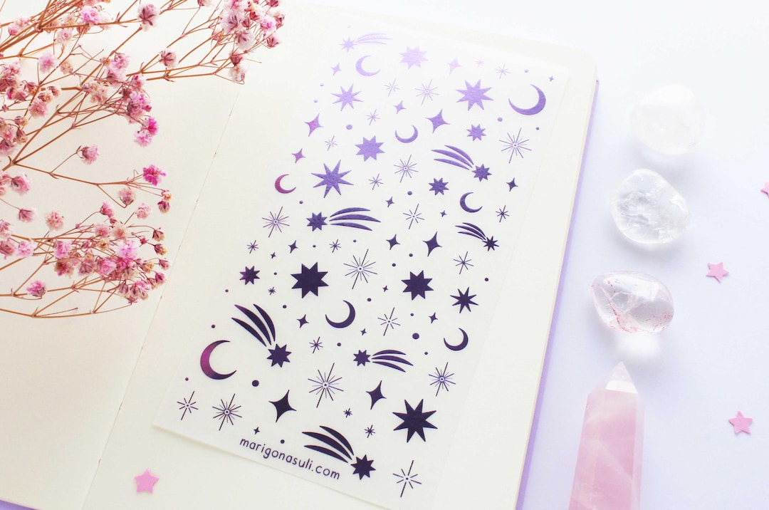 Moon and Stars Purple Foil Washi Paper Sticker Sheet | Journal Stickers ...