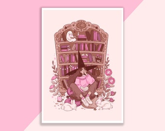 Book Witch And Bunnies Art Print | Poster, Wall Decor, Artwork, Witch Poster, Witchy Illustration, Spooky, Magical, Bookish
