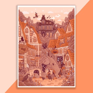 Geisterdorf Kunstdruck | Poster, Digitale Illustration, Kunstwerk, Hexe Poster, Witchy Illustration, Spooky, Magisch, Halloween, Herbst