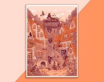 Impression d’art du village hanté | Affiche, Illustration numérique, Illustration, Affiche de sorcière, Illustration de sorcière, Effrayant, Magique, Halloween, Automne