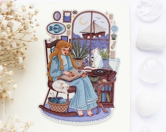 Reading By The Sea Waterproof Matt Vinyl Sticker | Journal Sticker, Planner, Witchy Sticker, Magical, Witchy, Celestial