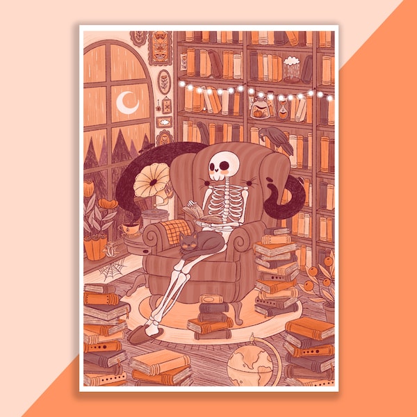 Skully The Book Loving Skeleton Art Print | Poster, Digital Illustration, Artwork, Witch, Witchy Illustration, Spooky, Magical, Halloween