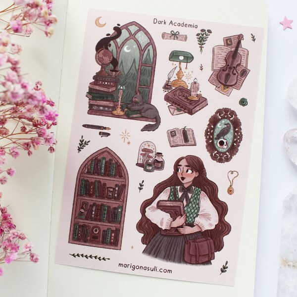 Dark Academia Matt Vinyl Sticker Sheet | Journal Stickers, Scrapbook Sticker, Planner Stickers, Witchy, Witch, Spooky, Halloween, Fall