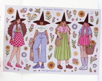 Summer Witches Matt Vinyl Waterproof Sticker Sheet | Journal Stickers, Scrapbook, Planner, Witchy, Magical, Sunflowers, Summer