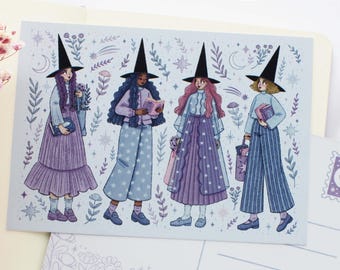 Puede incluir: Cuatro brujas con vestidos morados, azules y blancos, sombreros puntiagudos y libros en la mano. El fondo es azul claro con estrellas y lunas.