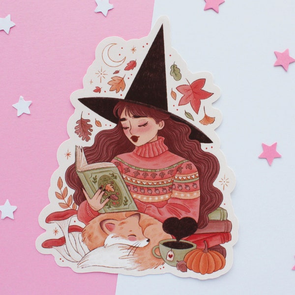 Autumn Witch And Fox Sticker | Journal Sticker, Planner Sticker, Scrapbook Sticker, Witchy Sticker, Magical, Witch, Halloween