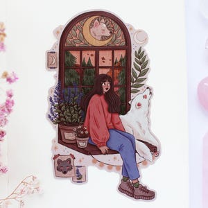 Pegatina de vinilo mate impermeable con diseño de lobo / Pegatina para diario, agenda, pegatina de bruja, mágica, bruja, otoño, Halloween, espeluznante