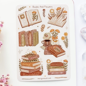 Books And Flowers Brown Sticker Sheet Journal Stickers, Scrapbook, Planner Stickers, Magical, Reading, Bookish, Autumn, Reading Journal zdjęcie 1