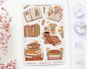 Books And Flowers Brown Sticker Sheet | Journal Stickers, Scrapbook, Planner Stickers, Magical, Reading, Bookish, Autumn, Reading Journal