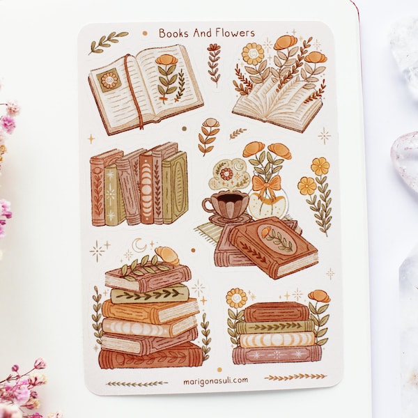 Books And Flowers Brown Sticker Sheet | Journal Stickers, Scrapbook, Planner Stickers, Magical, Reading, Bookish, Autumn, Reading Journal