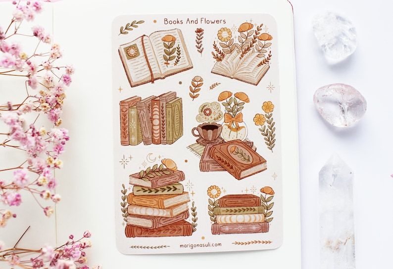 Books And Flowers Brown Sticker Sheet Journal Stickers, Scrapbook, Planner Stickers, Magical, Reading, Bookish, Autumn, Reading Journal zdjęcie 1