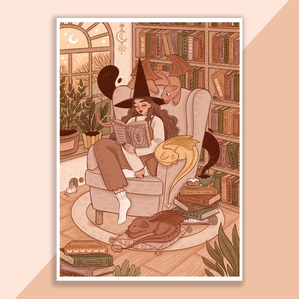 Witchy Reading Time With Dragons Print | Poster, Wanddekoration, Kunstwerk, Hexenposter, Hexenillustration, Herbst, magisch, gemütlich, Bücher