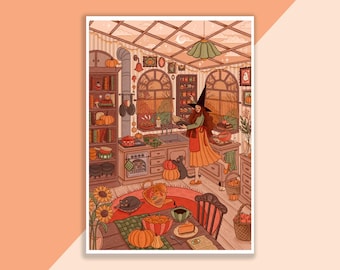 Witchy herfst keukenprint | Poster, Wanddecoratie, Kunstwerk, Heksenposter, Heksenillustratie, Herfst, Magisch, Halloween