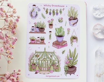 Witchy Greenhouse Sticker Sheet | Journal Stickers, Scrapbook, Planner Stickers, Magical, Reading, Books, Floral, Flowers, Plants