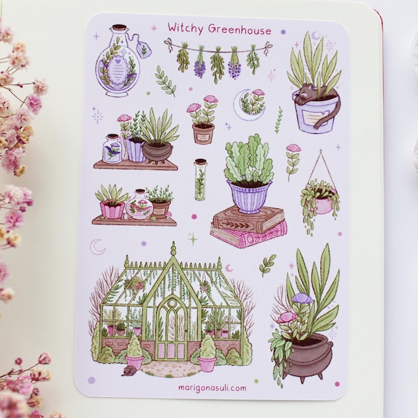 Witchy Greenhouse Sticker Sheet | Journal Stickers, Scrapbook, Planner Stickers, Magical, Reading, Books, Floral, Flowers, Plants