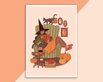 Gezellige herfstleestijdprint | Poster, Wanddecoratie, Kunstwerk, Heksenposter, Heksenillustratie, Herfst, Magisch, Halloween