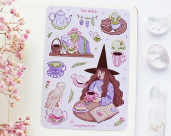 Tea Witch Sticker Sheet | Journal Stickers, Scrapbook, Planner Stickers, Magical, Reading, Books, Spring, Flowers, Plants