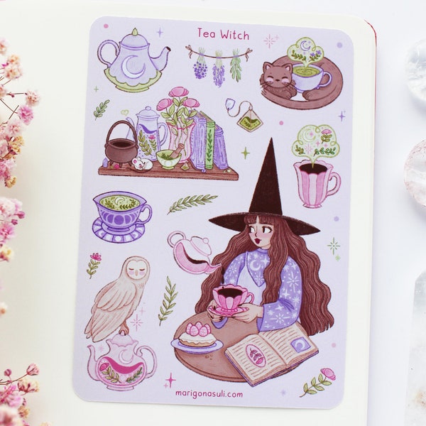 Tea Witch Sticker Sheet | Journal Stickers, Scrapbook, Planner Stickers, Magical, Reading, Books, Spring, Flowers, Plants