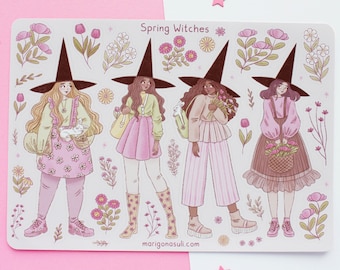 Spring Witches Sticker Sheet | Journal Stickers, Scrapbook Sticker, Planner Stickers, Spring Sticker Sheet, Magical, Witchy